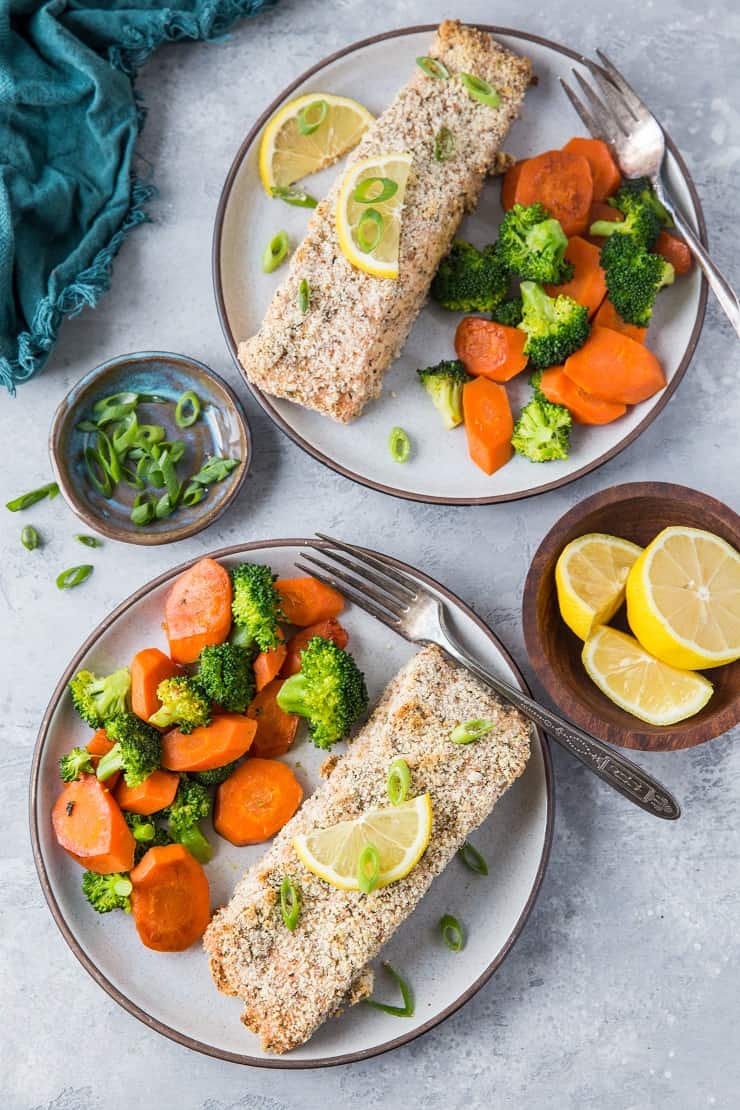 Almond Crusted Salmon - a quick, easy, delicious crispy salmon recipe requiring only a few basic ingredients. This crusted salmon is Paleo, Whole30, Keto, and delicious! | TheRoastedRoot.net