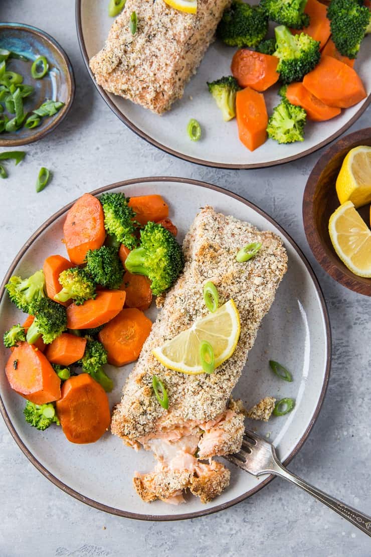 Almond Crusted Salmon - a quick, easy, delicious crispy salmon recipe requiring only a few basic ingredients. This crusted salmon is Paleo, Whole30, Keto, and delicious! | TheRoastedRoot.net