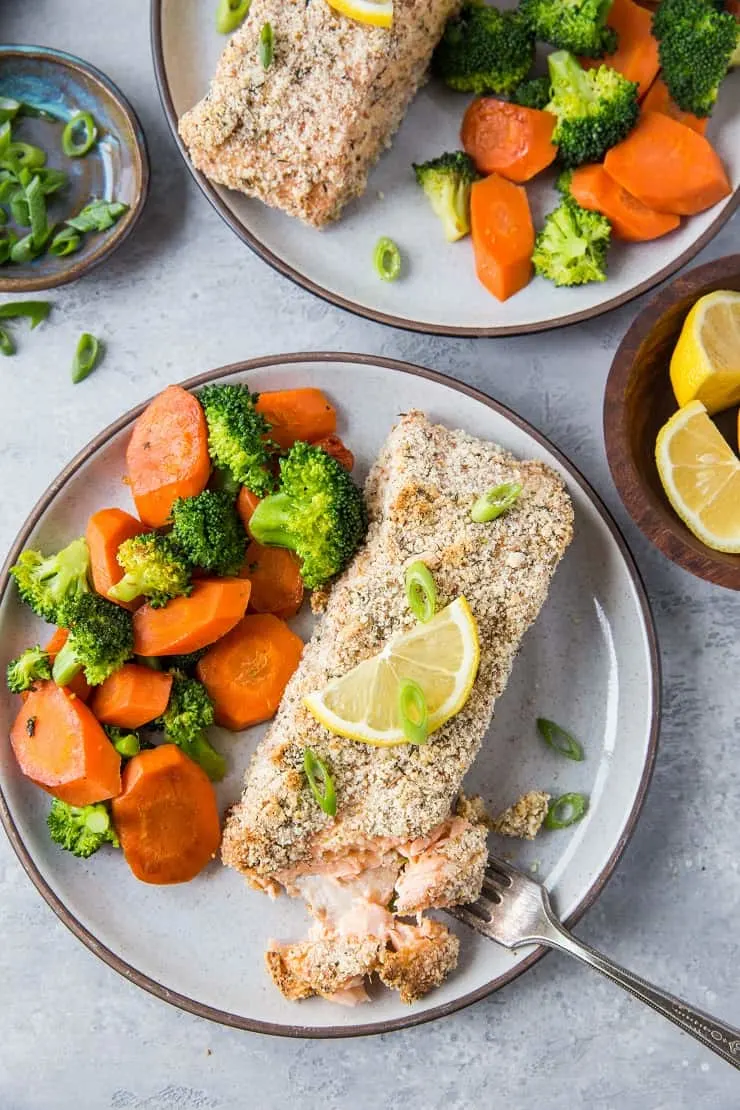 Almond Crusted Salmon - a quick, easy, delicious crispy salmon recipe requiring only a few basic ingredients. This crusted salmon is Paleo, Whole30, Keto, and delicious! | TheRoastedRoot.net