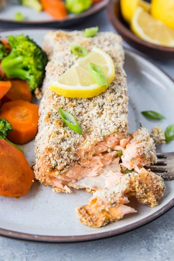 Almond Crusted Salmon - a quick, easy, delicious crispy salmon recipe requiring only a few basic ingredients. This crusted salmon is Paleo, Whole30, Keto, and delicious! | TheRoastedRoot.net