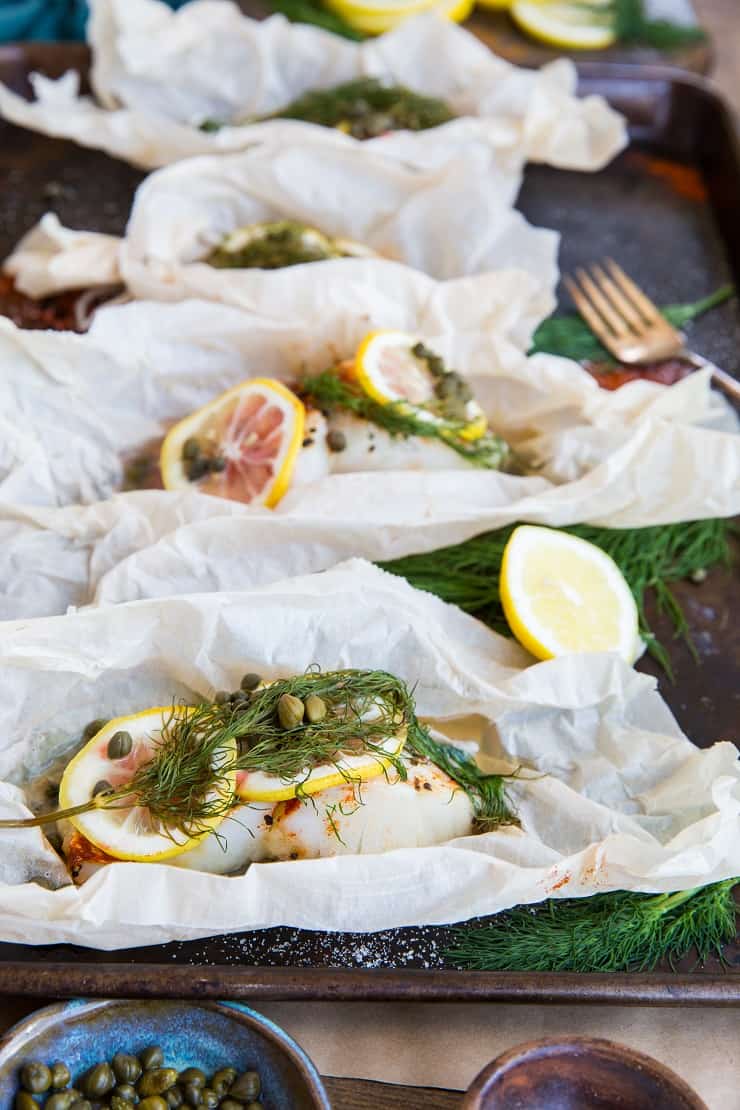 Lemon Dill Cod in Parchment Paper with Capers - low-carb, whole30, paleo, keto | TheRoastedRoot.net 