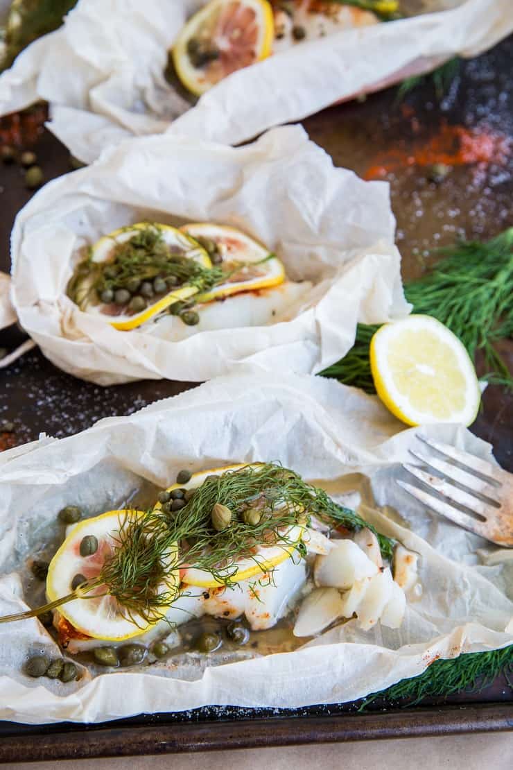 Lemon Dill Cod in Parchment Paper with Capers - low-carb, whole30, paleo, keto | TheRoastedRoot.net