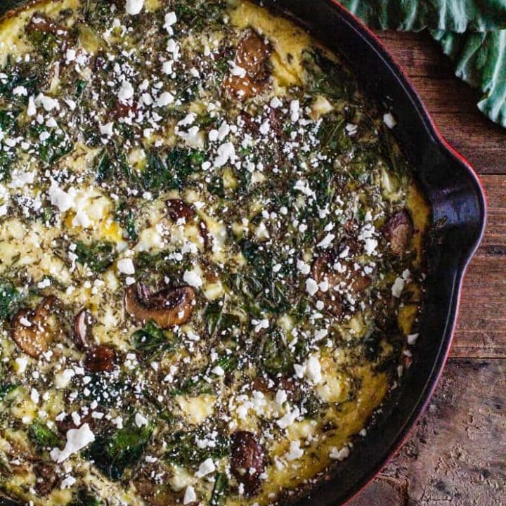 Collard Greens, Feta, and Mushroom Frittata - Keto, primal, vegetarian - a simple breakfast recipe that can be made ahead of time | TheRoastedRoot.net #glutenfree