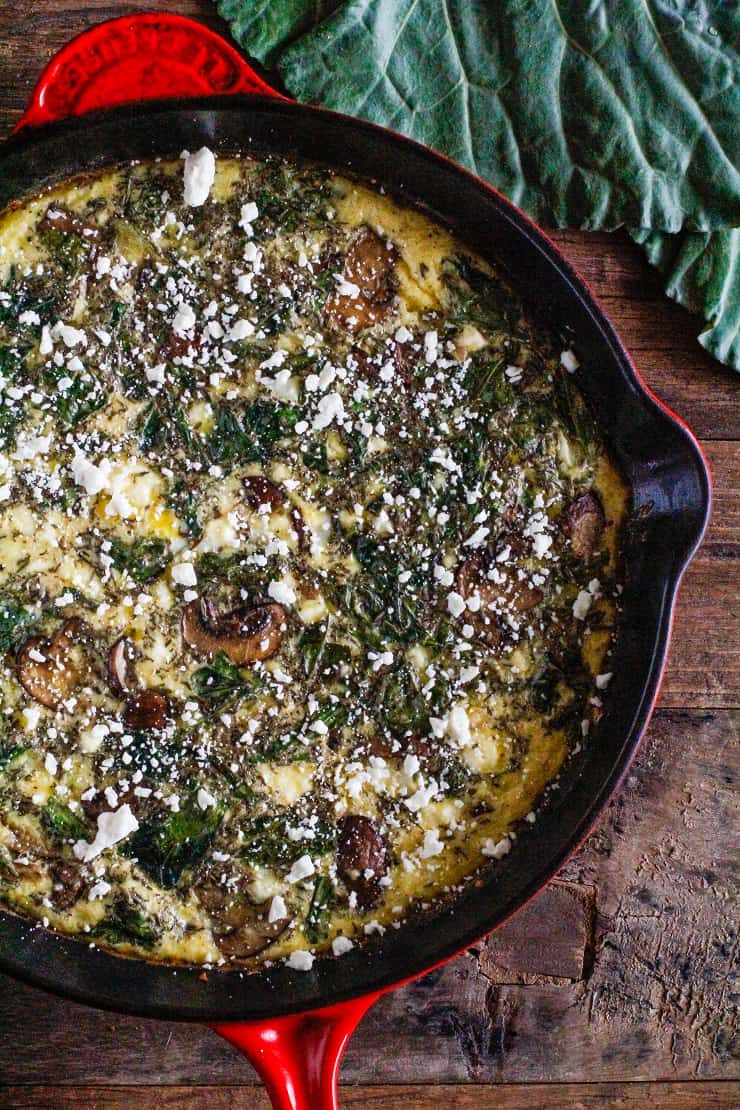 Collard Greens, Feta, and Mushroom Frittata - Keto, primal, vegetarian - a simple breakfast recipe that can be made ahead of time | TheRoastedRoot.net #glutenfree