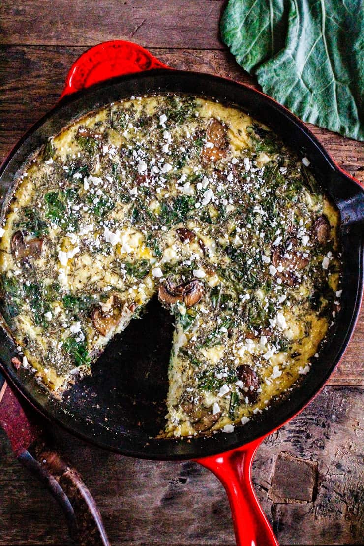 Collard Greens, Feta, and Mushroom Frittata - Keto, primal, vegetarian - a simple breakfast recipe that can be made ahead of time | TheRoastedRoot.net #glutenfree