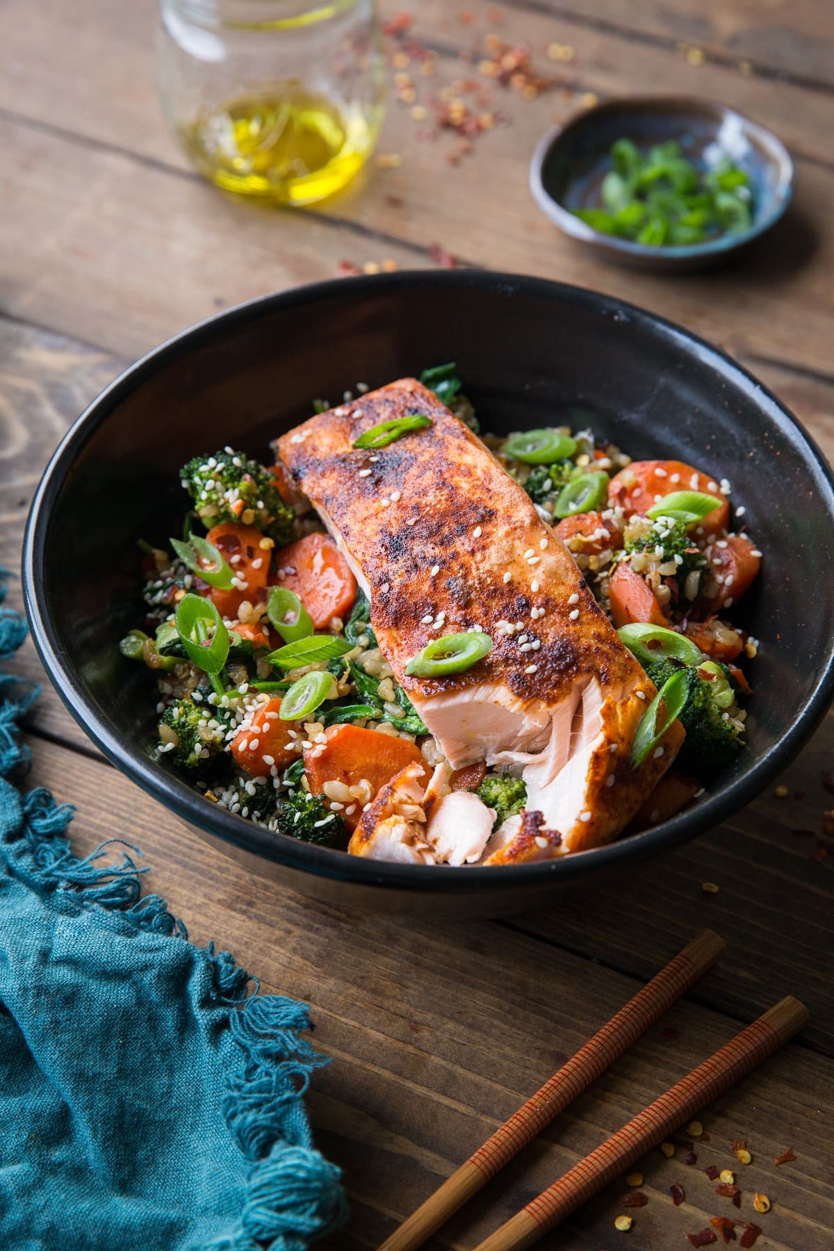 Crispy Paprika Salmon Bowls with Ginger Vegetables and Rice - a well-rounded, clean and filling meal that will nourish your body and soul! | TheRoastedRoot.com #glutenfree