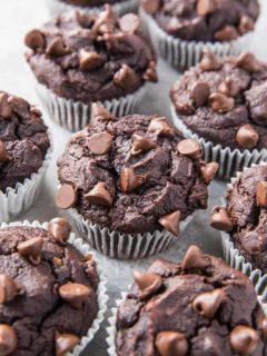 Paleo Double Chocolate Banana Bread Muffins made with almond flour - this easy recipe is made in a blender, is grain-free, dairy-free, oil-free, and includes a vegan option! TheRoastedRoot.com