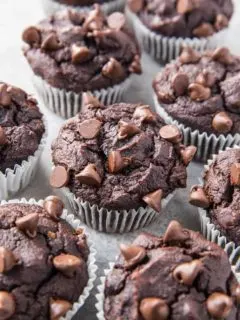 Paleo Double Chocolate Banana Bread Muffins made with almond flour - this easy recipe is made in a blender, is grain-free, dairy-free, oil-free, and includes a vegan option! TheRoastedRoot.com