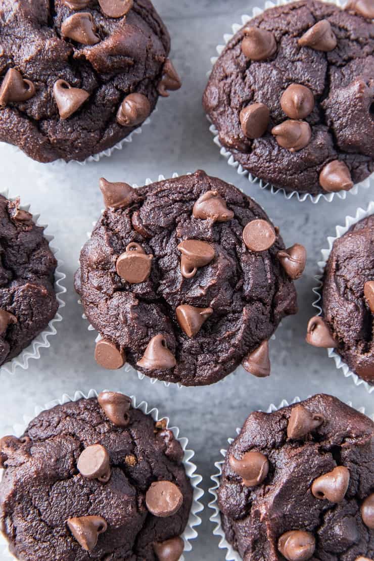Paleo Double Chocolate Banana Bread Muffins - grain-free, oil-free, dairy-free, and healthy! | TheRoastedRoot.com