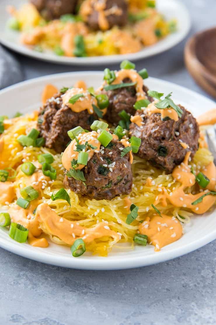 Red Curry Meatballs with Spaghetti Squash - paleo, keto, whole30, clean dinner recipe | TheRoastedRoot.com #glutenfree