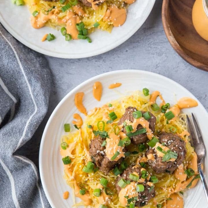 Red Curry Meatballs with Spaghetti Squash - low-carb, keto, paleo, whole30 | TheRoastedRoot.com