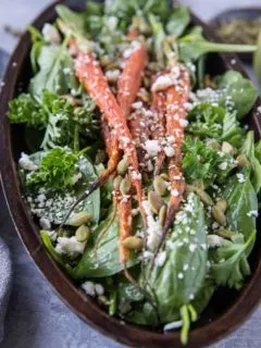 Roasted Carrot Spinach Salad with Lemon Herb Dressing - a simple clean salad that is primal and keto. | TheRoastedRoot.net #cleaneating #vegetarian #glutenfree