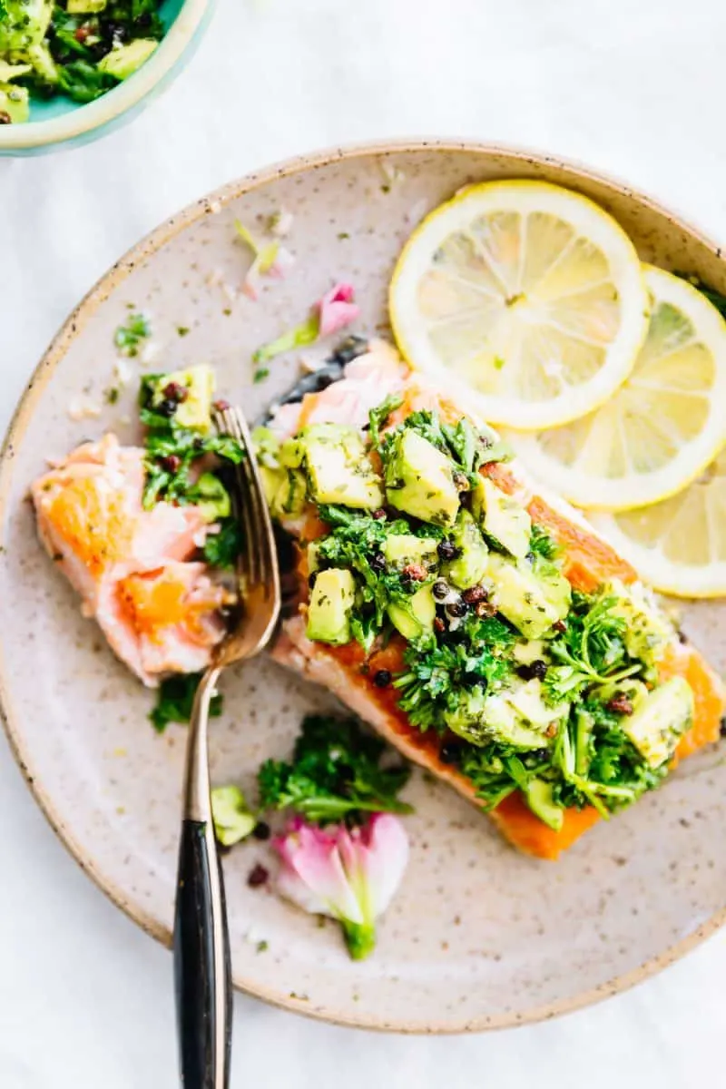 Pan-Seared Salmon with Avocado Gremolata from Cotter Crunch #whole30 #keto #paleo