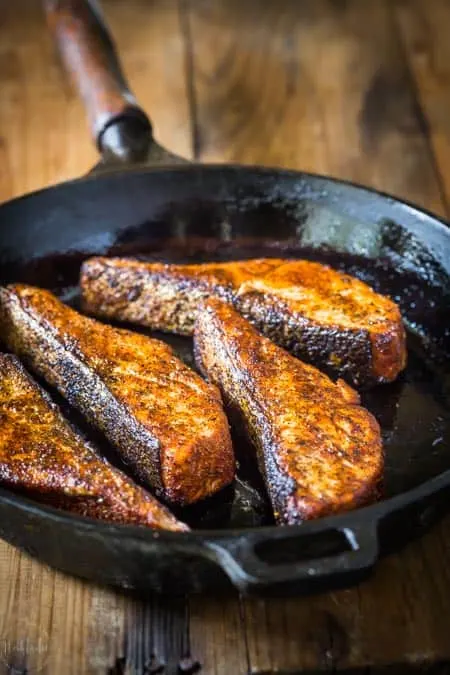 Blackened Salmon in the cast iron skillet