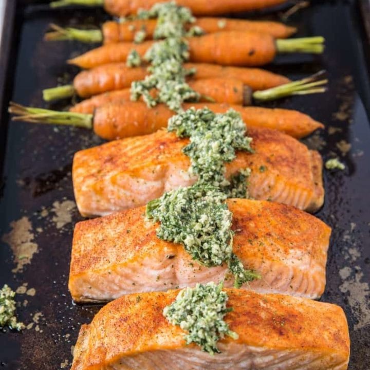 Sheet Pan Pesto Salmon and Carrots