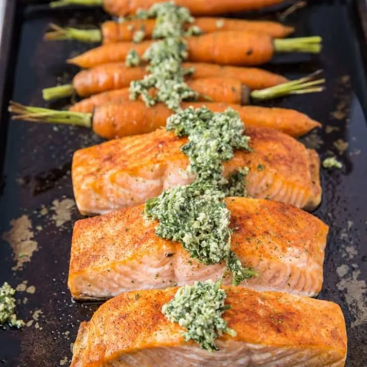 Sheet Pan Pesto Salmon and Carrots