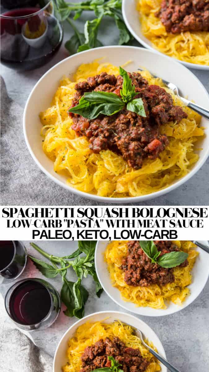 Spaghetti Squash Bolognese - low-carb "pasta" with meat sauce is a hearty, delicious paleo, keto, whole30 dinner recipe