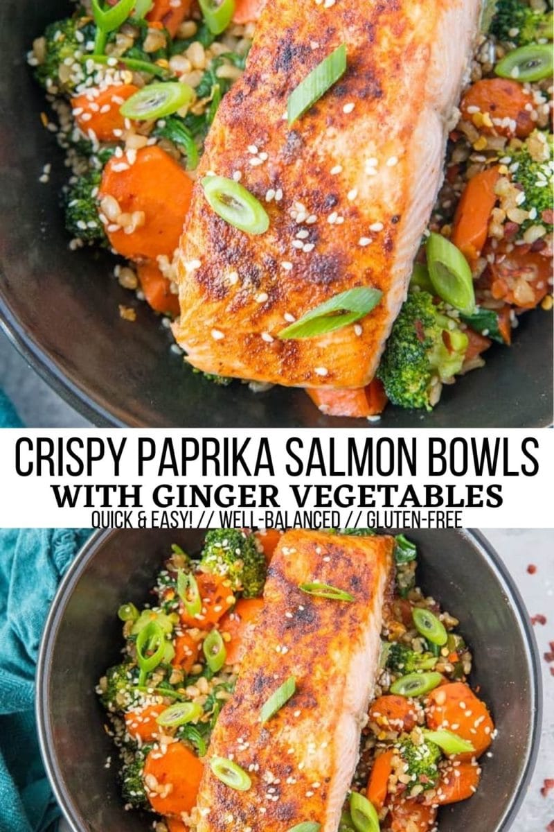 Crispy Paprika Salmon Bowls with Ginger Vegetables and Rice - a well-balanced, nourishing dinner recipe that is big on flavor and so easy to prepare! A gut-friendly meal for folks with sensitive digestive systems.
