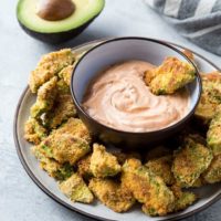 Crispy Baked Avocado "Fries" with Chipotle Dipping Sauce - grain-free, paleo, keto, and whole30! | TheRoastedRoot.net #glutenfree #healthysnack