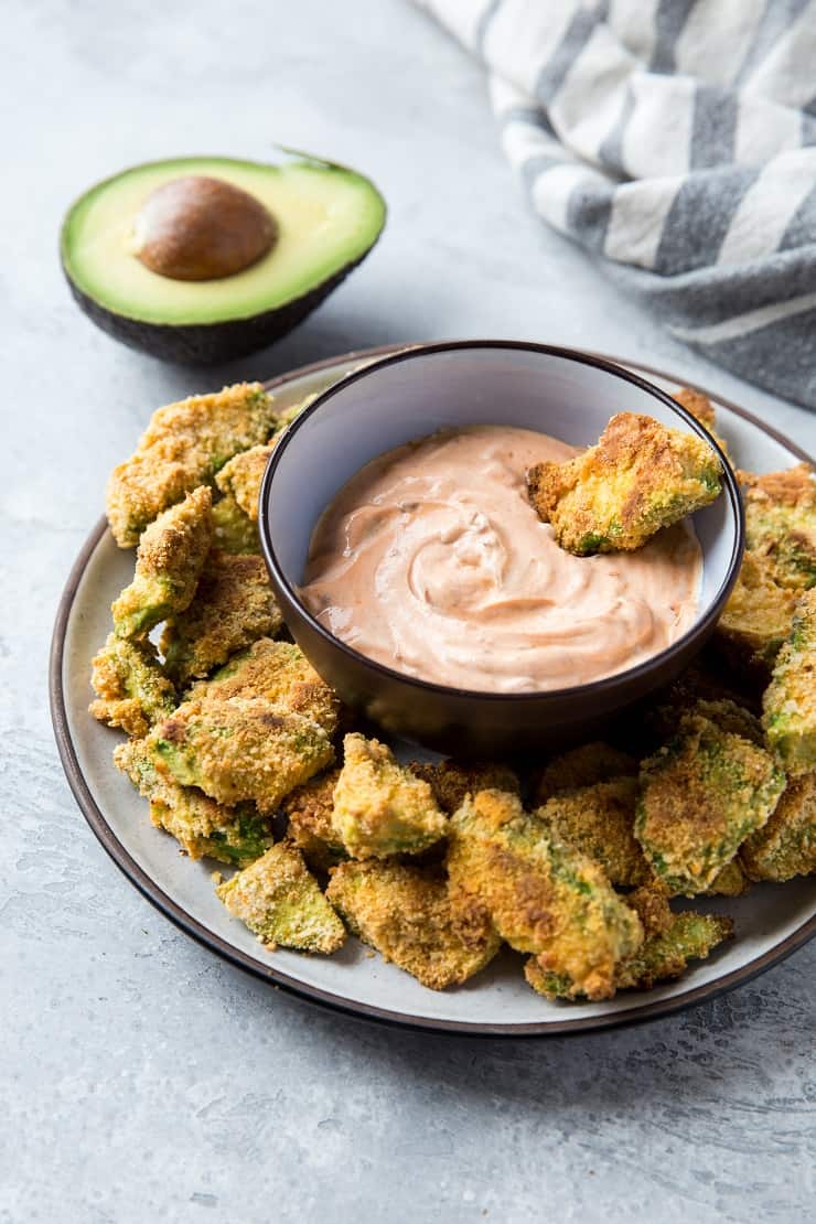 Crispy Baked Avocado "Fries" with Chipotle Dipping Sauce - grain-free, paleo, keto, and whole30! | TheRoastedRoot.net #glutenfree #healthysnack