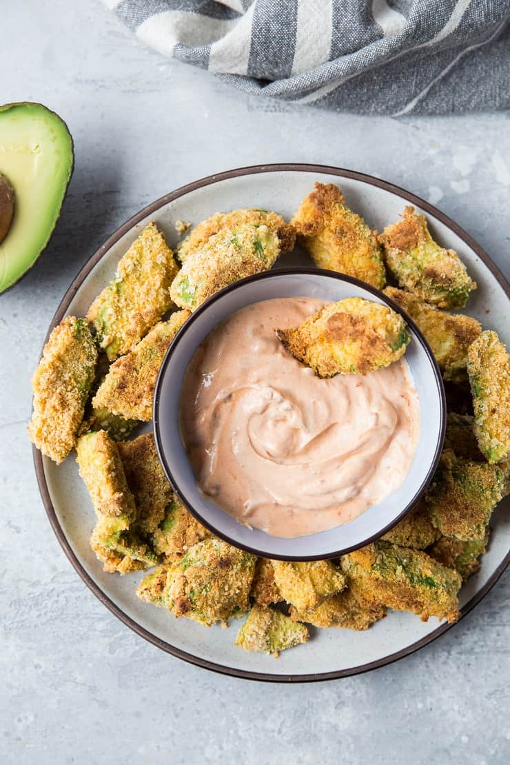 Crispy Baked Avocado "Fries" with Chipotle Dipping Sauce - grain-free, paleo, keto, and whole30! | TheRoastedRoot.net #glutenfree #healthysnack