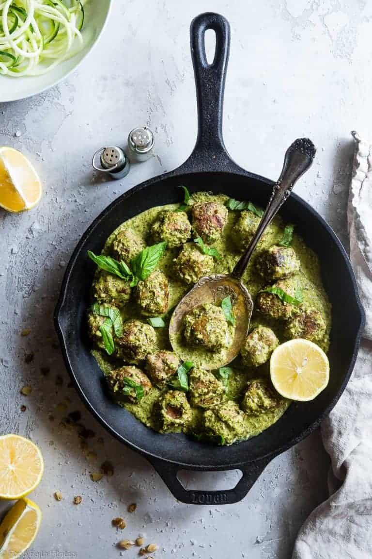 Paleo Turkey Meatballs with Basil Black Walnut Pesto from Food Faith Fitness #paleo #whole30 #keto