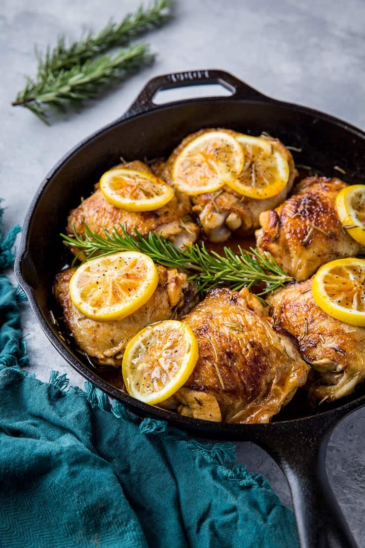 Lemon Rosemary Braised Chicken Thighs - an easy, mouth-watering chicken recipe that's quick, simple, and healthful | TheRoastedRoot.net #paleo #keto #healthy