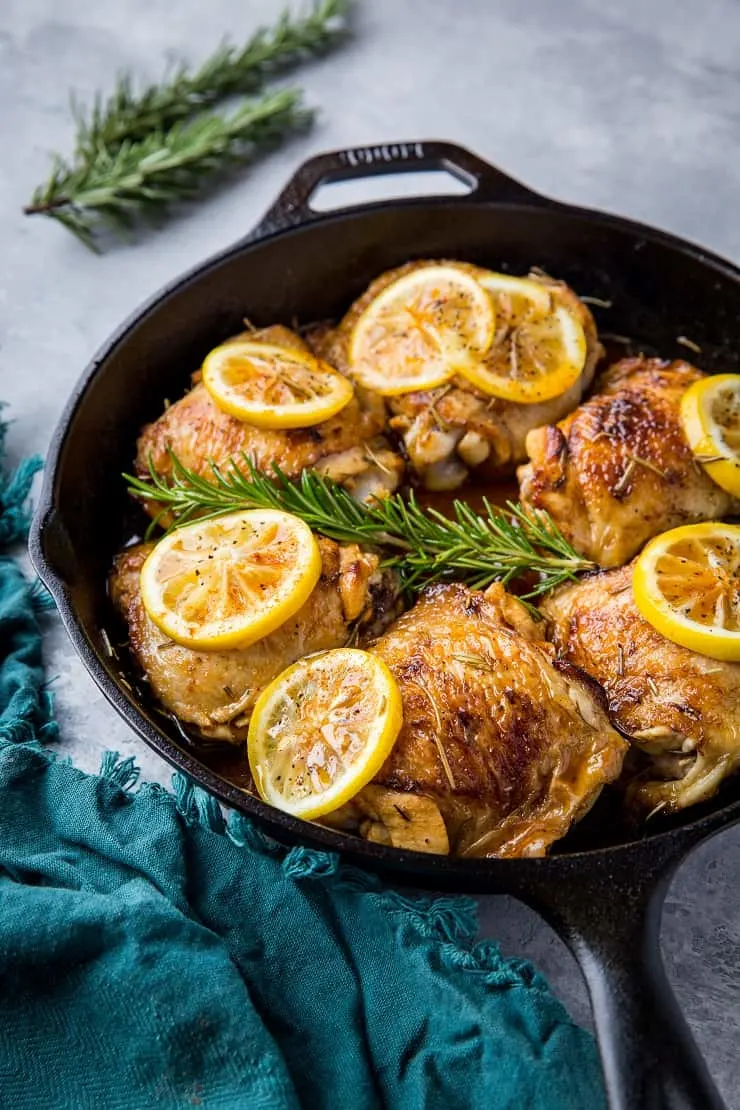 Lemon Rosemary Braised Chicken Thighs - an easy, mouth-watering chicken recipe that's quick, simple, and healthful | TheRoastedRoot.net #paleo #keto #healthy