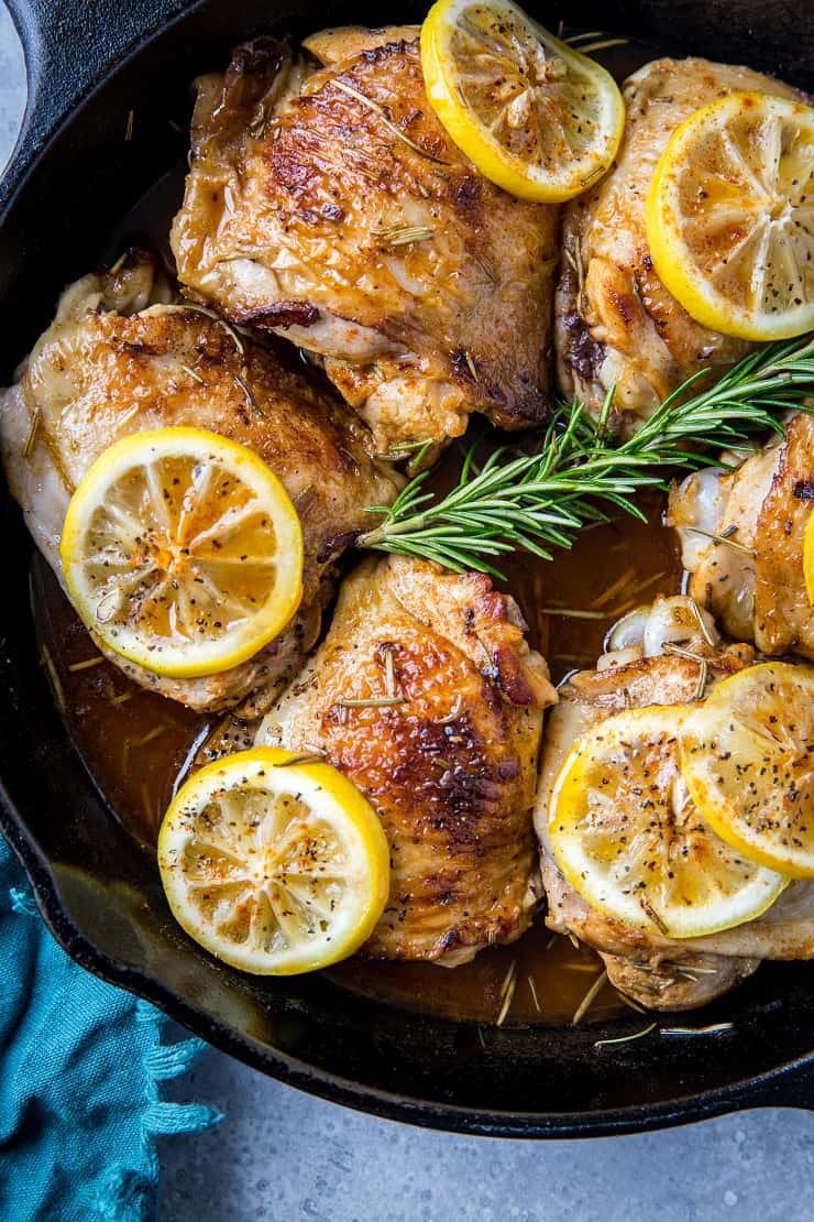 Lemon Rosemary Braised Chicken Thighs - an easy, mouth-watering chicken recipe that's quick, simple, and healthful | TheRoastedRoot.net #paleo #keto #healthy