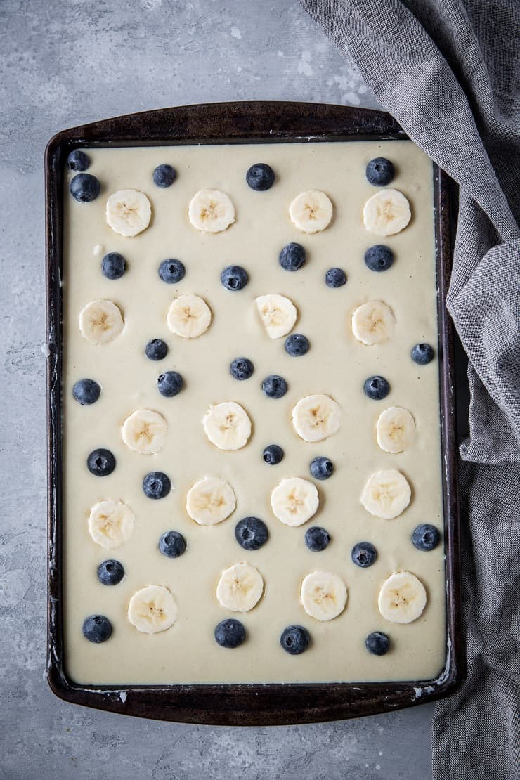 Paleo Sheet Pan Pancakes made with almond flour - this easy recipe is prepared in a blender and baked on a sheet pan to minimize time and effort! | TheRoastedRoot.net #grainfree #glutenfree