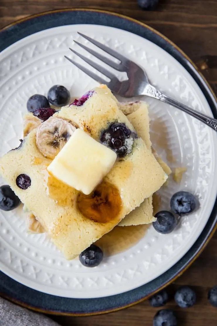 Paleo Sheet Pan Pancakes made with almond flour - this easy recipe is prepared in a blender and baked on a sheet pan to minimize time and effort! | TheRoastedRoot.net #grainfree #glutenfree