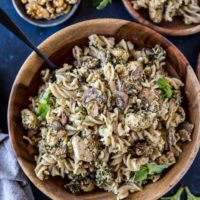 Pesto Chicken Pasta with Broccoli and Mushrooms - an easy, nutritious weeknight meal that only takes 30 minutes to make! | TheRoastedRoot.com