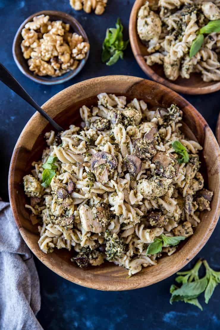 Pesto Chicken Pasta with Broccoli and Mushrooms - an easy, nutritious weeknight meal that only takes 30 minutes to make! | TheRoastedRoot.com