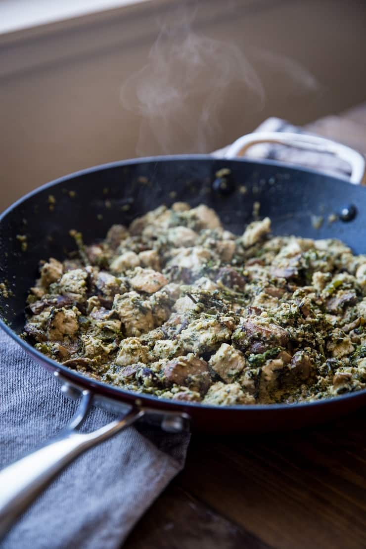 Pesto Chicken Pasta with Broccoli and Mushrooms - an easy, nutritious weeknight meal that only takes 30 minutes to make! | TheRoastedRoot.com