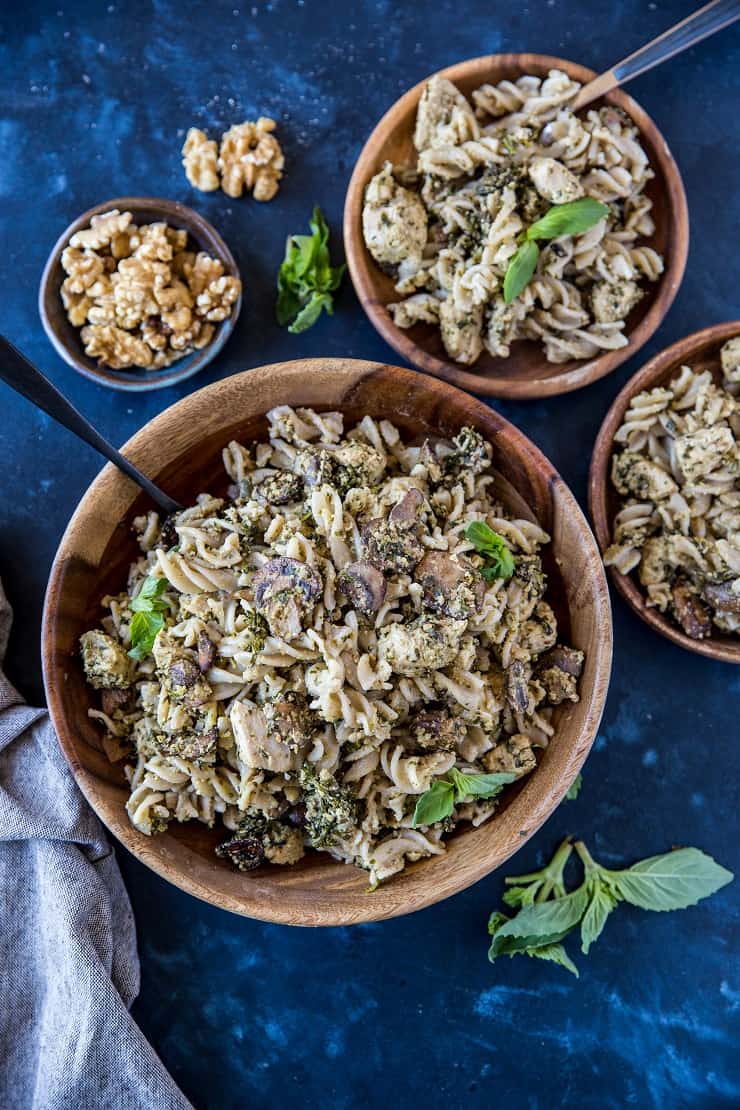 Pesto Chicken Pasta with Broccoli and Mushrooms - an easy, nutritious weeknight meal that only takes 30 minutes to make! | TheRoastedRoot.com