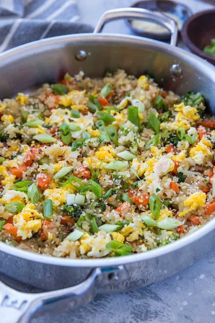 Turnip Fried Rice - a low-carb alternative to traditional fried rice that is paleo, keto, and whole30 | TheRoastedRoot.net #glutenfree #grainfree