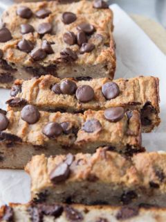 Chocolate Chip Paleo Vegan Banana Bread - a moist and dense healthy recipe that is dairy-free, oil-free, and refined sugar-free | TheRoastedRoot.net #vegan #glutenfree #grainfree #vegan