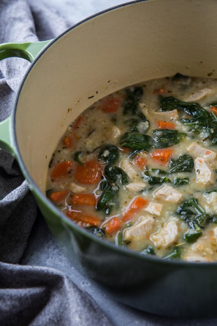 Creamy Lemon Rosemary Chicken Soup with Rice - healthy, hearty, dairy-free, and delicious! | TheRoastedRoot.net