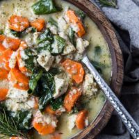 Top down photo chicken soup with rice and spinach