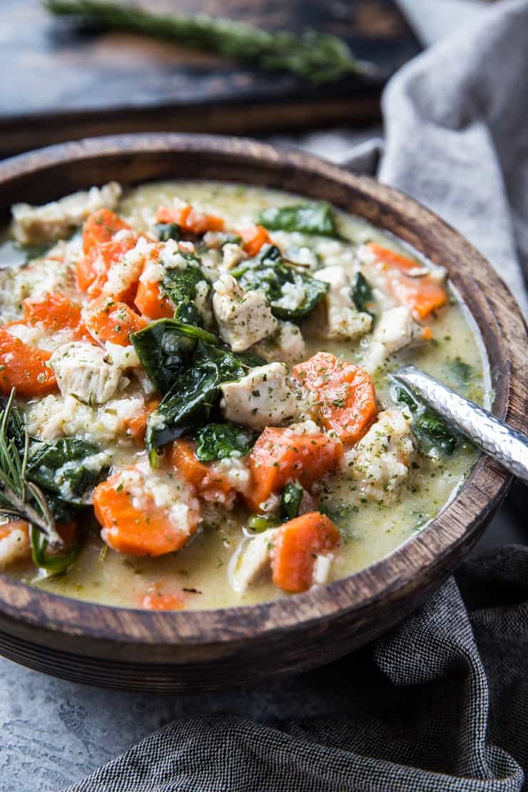Creamy Lemon Rosemary Chicken Soup with Rice - healthy, hearty, dairy-free, and delicious! | TheRoastedRoot.net