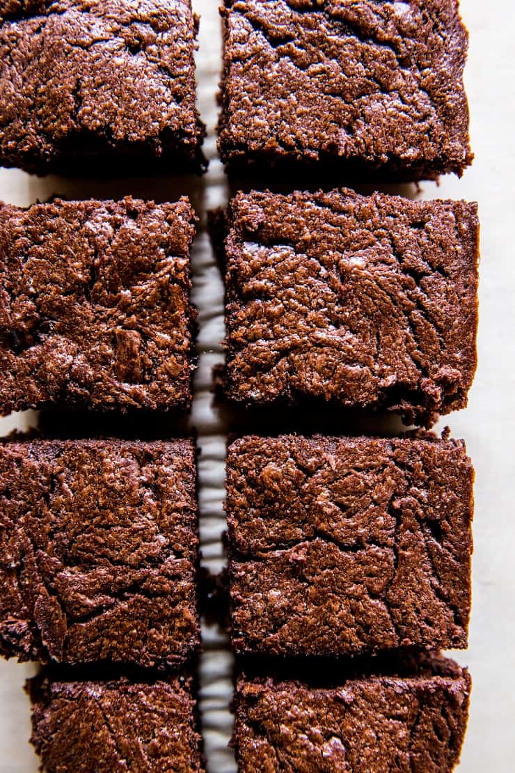 Rich and Decadent Fudgy Keto Brownies - made with almond flour and monk fruit sweetener - an easy recipe with a vegan option! | TheRoastedRoot.net
