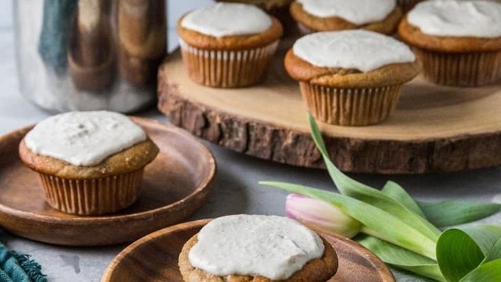 Paleo Banana Muffins with Vegan "Cream Cheese" Frosting - grain-free, refined sugar-free, dairy-free and healthy! | TheRoastedRoot.net
