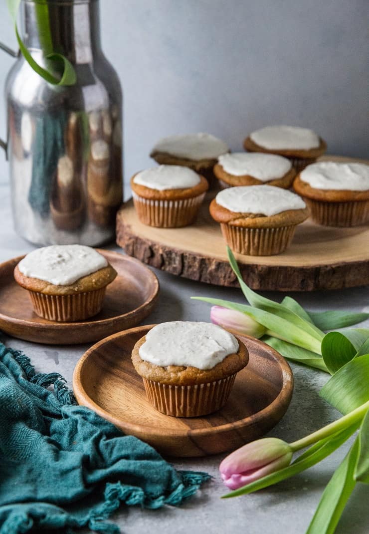 Paleo Banana Muffins with Vegan "Cream Cheese" Frosting - grain-free, refined sugar-free, dairy-free and healthy! | TheRoastedRoot.net