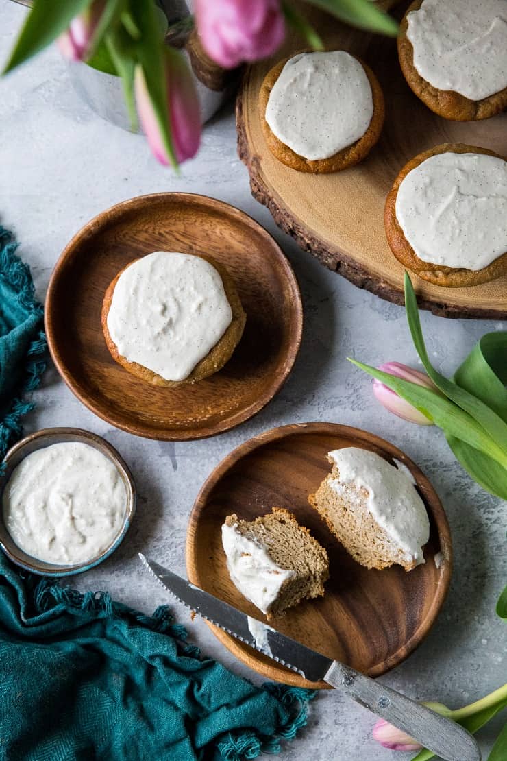 Paleo Banana Muffins with Vegan "Cream Cheese" Frosting - grain-free, refined sugar-free, dairy-free and healthy! | TheRoastedRoot.net