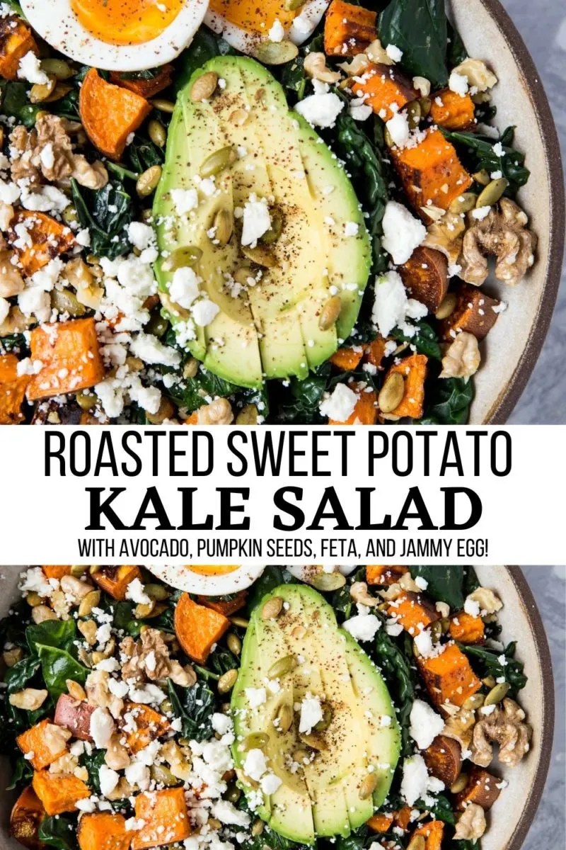 Roasted Sweet Potato Kale Salad with Avocado, pumpkin seeds, feta cheese, and jammy egg. A filling, delicious salad recipe!