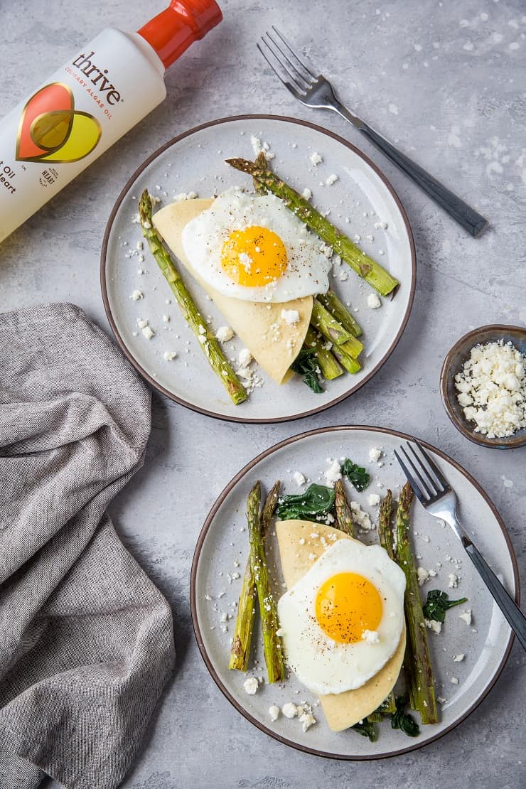 Savory Paleo Crepes with Roasted Asparagus, Spinach, and Feta - grain-free crepes made with almond flour and tapioca flour | TheRoastedRoot.net #glutenfree #breakfast