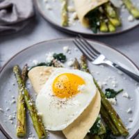 Savory Paleo Crepes with Roasted Asparagus, Spinach, and Feta - grain-free crepes made with almond flour and tapioca flour | TheRoastedRoot.net #glutenfree #breakfast