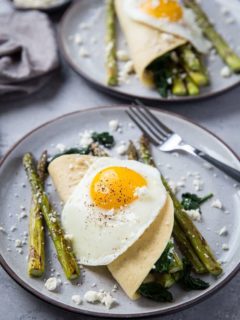 Savory Paleo Crepes with Roasted Asparagus, Spinach, and Feta - grain-free crepes made with almond flour and tapioca flour | TheRoastedRoot.net #glutenfree #breakfast