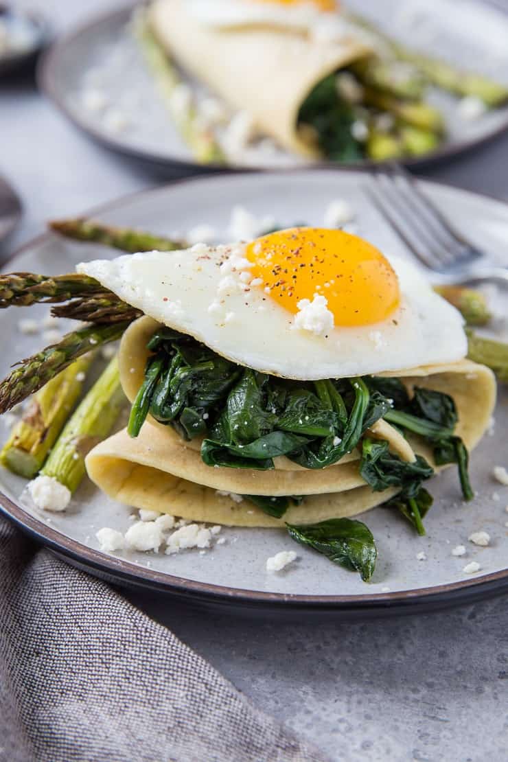 Savory grain-free crepes with roasted asparagus, spinach, and feta