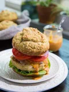 Avocado Stuffed Turkey Burgers with Chipotle Aioli - served on a homemade gluten-free bun for an amazing hamburger experience! | TheRoastedRoot.net #recipe #healthy #burger